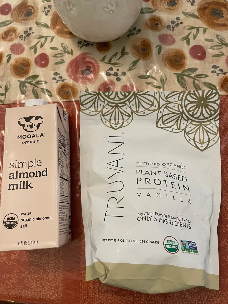 Photo is of Mooala Almong Milk and Truvani plant based protein